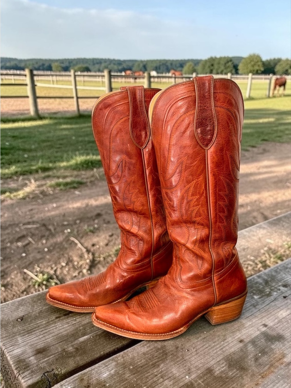 Tony Lama Derby Liz Tall Leather Cognac Western Snip Toe Cowboy Boots 8.5 - Picture 2 of 13